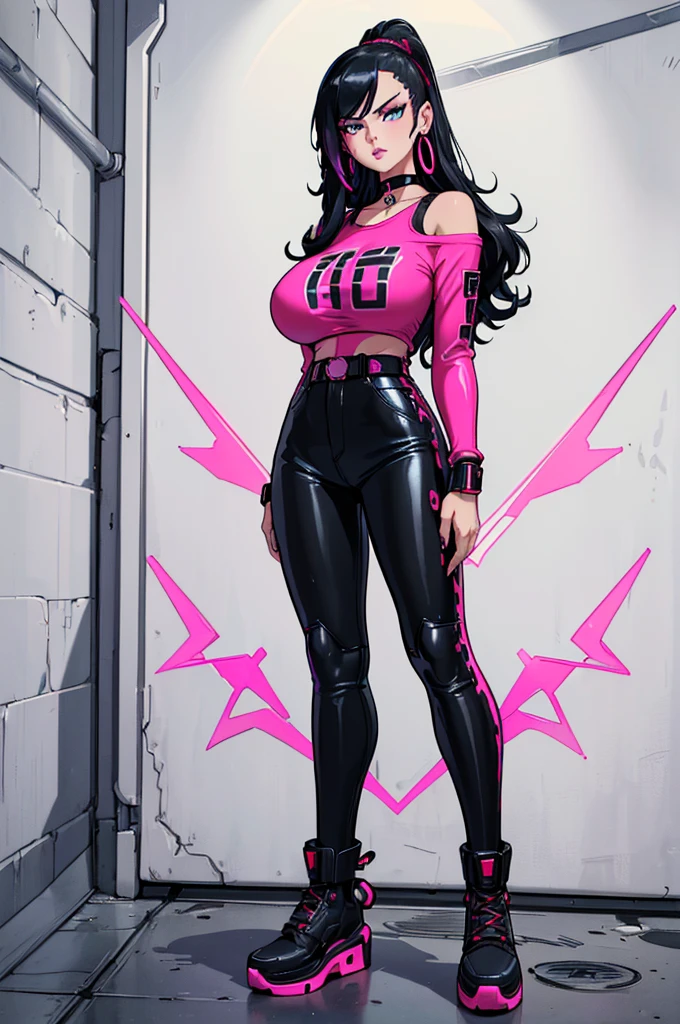 (masterpiece, best quality, high resolution, ((huge breasts)) 1 beautiful girl, very long black hair, blue eyes, pink lips, red cyberpunk style long-sleeved t-shirt, showing the shoulders, black leather pants cyberpunk style hoop earrings, choker, bracelets, posture (, white background, stickers.Redmond ), ((full body standing)),
