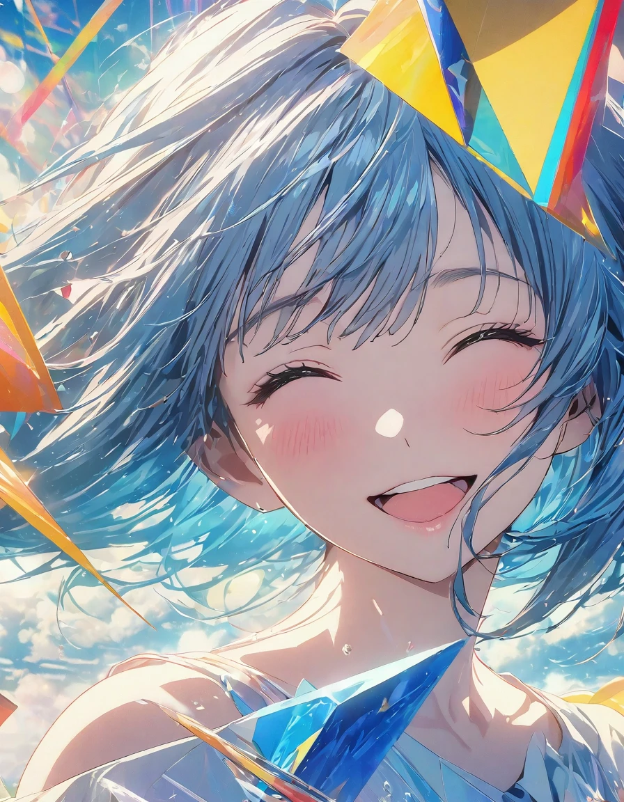 masterpiece, best quality, movie still, 1girl, floating in the sky, cloud girl, cloud, (close-up:1.1), bright, happy, fun, soft lighting, (Bauhaus, shapes, lines, abstract:1.1)
