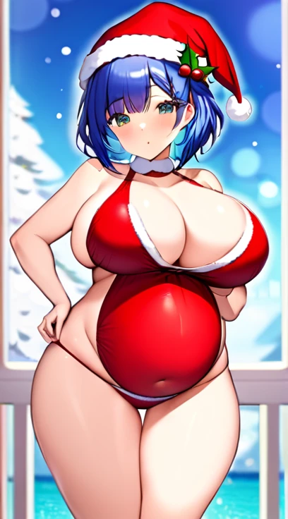 Santa costume,Swimwear,Big Breasts,Pregnant women,Pregnant belly,Multiple births,Blue Hair,Bobcut