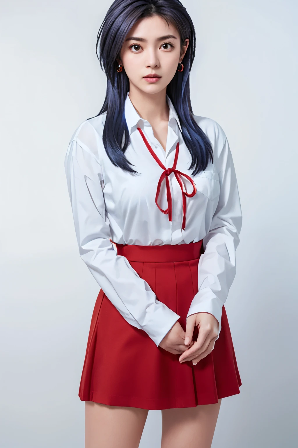 long hair, blue hair color, shy,amber eye color,tall,look up at the viewer,hands on crotch, a full-body shot, long legs, largr breast,earrings,mini skirt,masterpiece, best quality, standing,Simple White Background, mio serizawa, long sleeves,red ribbon,white shirt, vest, beauty face