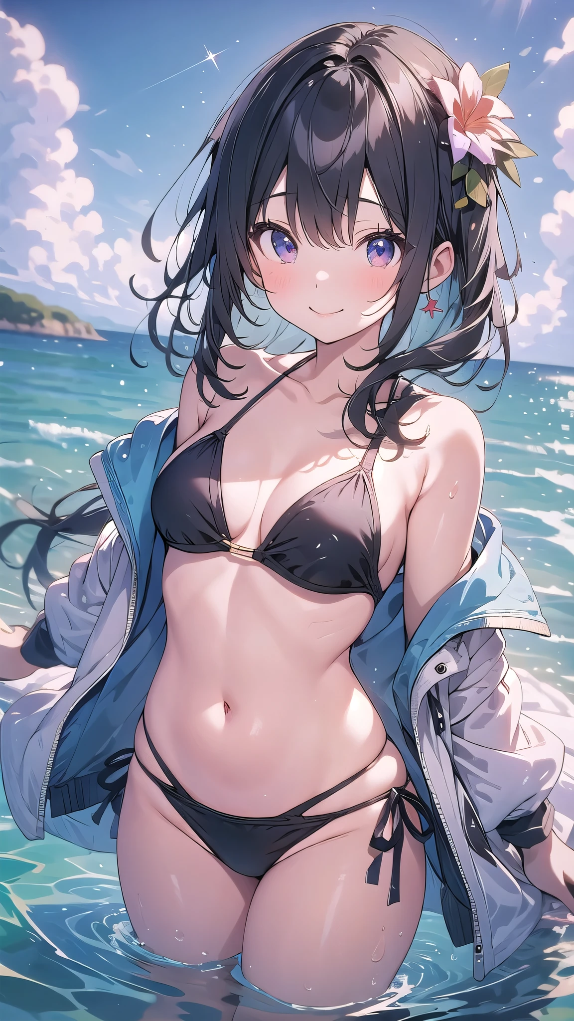 1girl in、A smile、（small tits）Chilarism、夏天、mare、sea bathing、（Wearing a plaid bikini swimsuit）、Beach、the wind、suns、Upper body portrait、