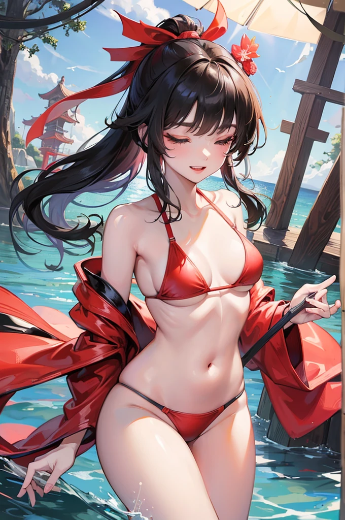 (full body, pov Kunoichi style swimsuit) (beautiful body), (solo:2, 15 yo, blunt bangs:1.3 black hair long hair sexy shrine girl, sexy closed eyes, happy smile), (in a japanese beautiful ninja:1.3 bikini swimsuit, exposure wabisabi:1.3 white and red), break, in the Swimsuit contest venue, background Double Exposure beautiful ocean, BREAK, perfect anatomy, masterpiece, best quality, 16k, beautiful detailed love, sexy, daydreaming expression.