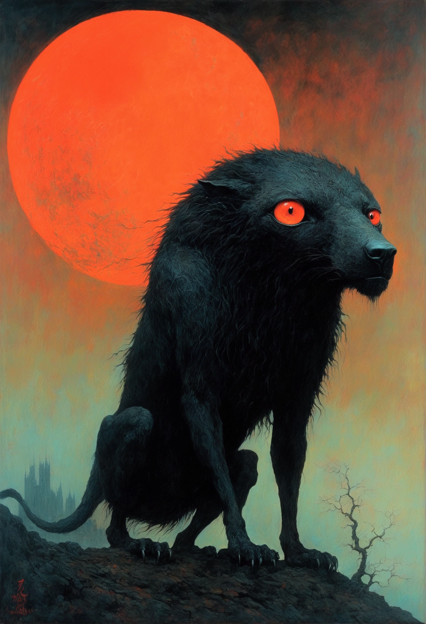 Mythical black beast, author：Zdzislaw Beksiński、Big eyes、Red Moon