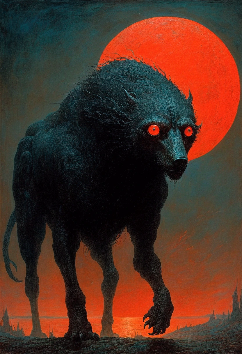 Mythical black beast, author:Zdzislaw Beksiński、Big eyes、Red Moon