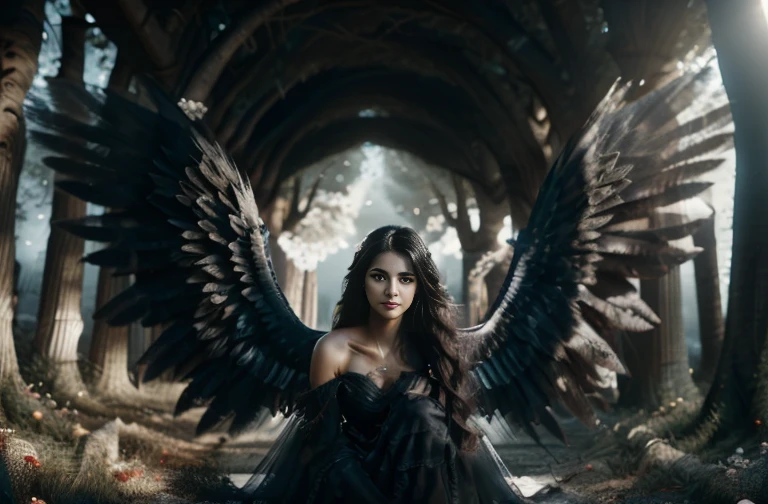 (best quality, masterpiece, ultra high resolution), (8k wallpaper, high-definition, HDR, RAW, Cinematic lighting), (Realistic), (authenticity: 1.4), ((Dark undertones)), ((epic film)), ((Winged woman)), ((Sitting)), ((Long dark hair)), ((Black greek dress)), ((Subtle smile)), ((Trees at background)), natural illumination, clouded illumination, high contrast