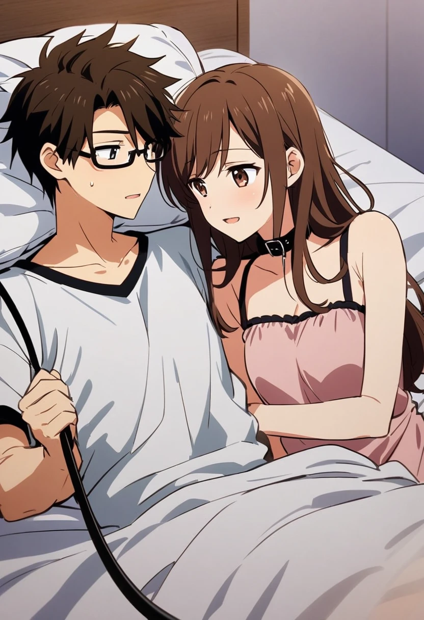 anime, two people, one beautiful female with long brown hair and no glasses and wearimg a collar with a leash, the other person is a male with short dark brown hair and black rimmed glasses and holding the leash in bed, they are boyfriend and girlfriend, in bed