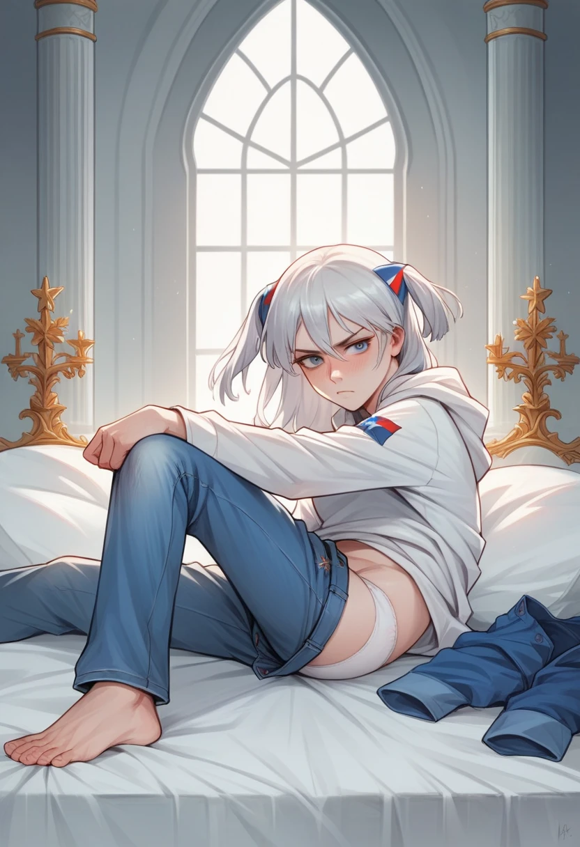 (Russia:1.6), beautiful, nice, 22 years old, amazing, masterpiece, naked, rich, Gorgeous, bed, Mansion, amazing, High resolution, (Realistic:0.5),anime,White panties,hoodie,Denim pants,Trousers half removed,blush,Hairstyle(Two Side Up),Silver Hair,black eye,Serious expression,shout,Owning a bat,Swinging motion,A moving picture