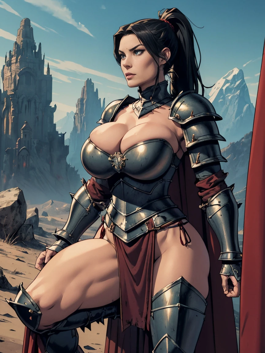 (masterpiece, top quality, best quality, official art, beautiful and aesthetic:1.2), (1girl:1.3), ((Sharp facial features, sharp features, hawkish features)), ((big hair, long black hair, ponytail)), big tiddy chaos warrior girl, extremely detailed, portrait, looking at viewer, solo, (full body:0.6), detailed background, full-body shot, (hot desert mountain theme:1.1), chaos warrior, (spiky helmet), charlatan, smirk, mysterious, swaying in mountains, armor, red metal, brass trim, long boots, dual axes, blood red fabric, pelvic curtain, loincloth, black leather, ((((armor, heavy armor, blood, armored, gigantic breasts, long legs, pelvic curtain, toned, muscular)))), cute belly button, toned tummy, slim waist, slim hips, long legs, medieval (mountain exterior:1.1) background, dark mysterious lighting, shadows, magical atmosphere, dutch angle