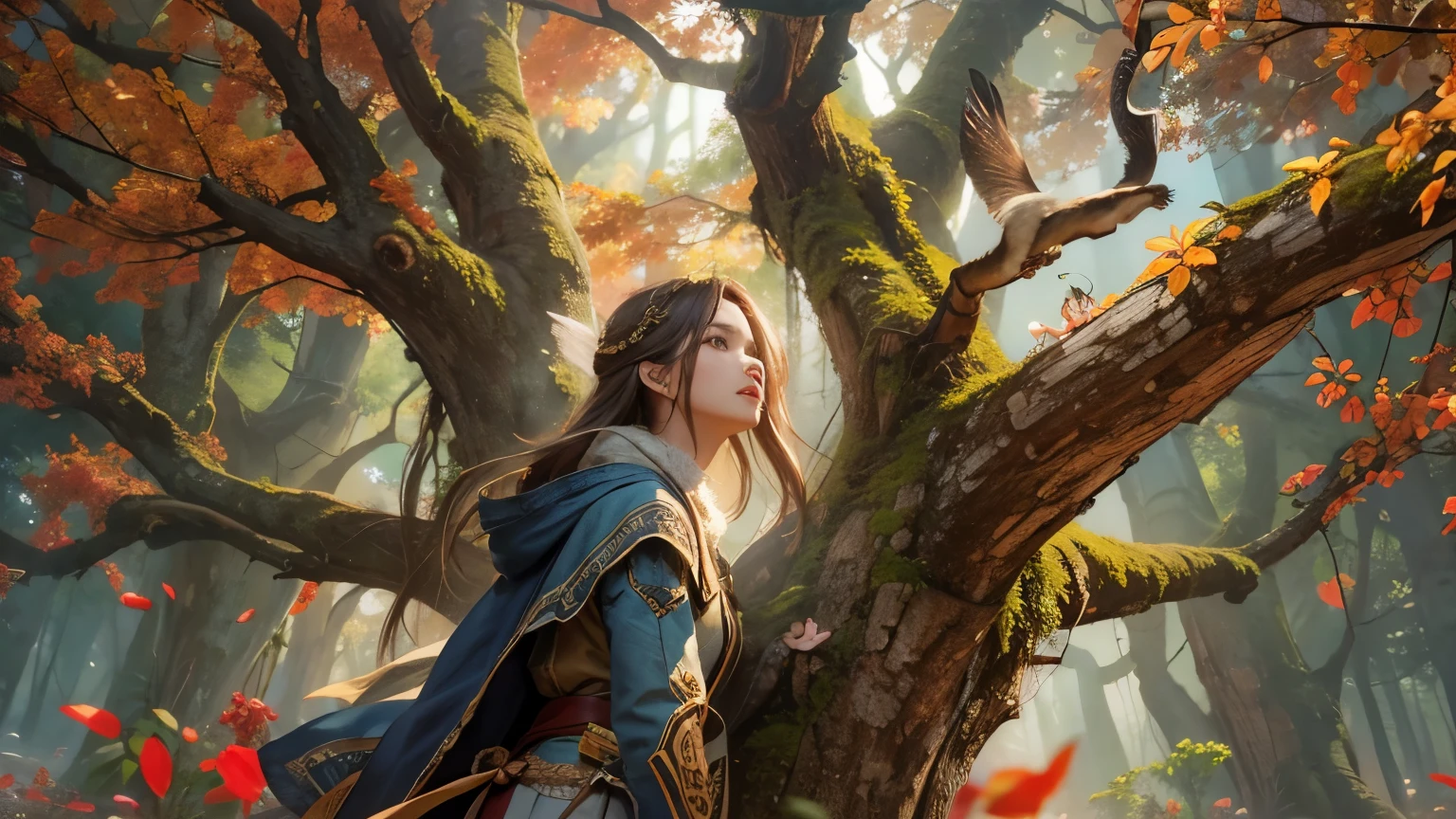 Highest quality A beautiful hunter girl looking up at a large tree Photorealistic Fantasy
