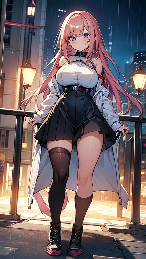 Super Resolution、
(Lively:1.3)、
(One slim girl)、Stylish girl、Huge boobs:1.5、Pink fluffy jacket、黒いmini skirt、Ribbon thick thighs、garter belt、Knee-high socks、Earringini skirt、
 Exquisite beauty、Beautiful Face, City of night、Embarrassed face