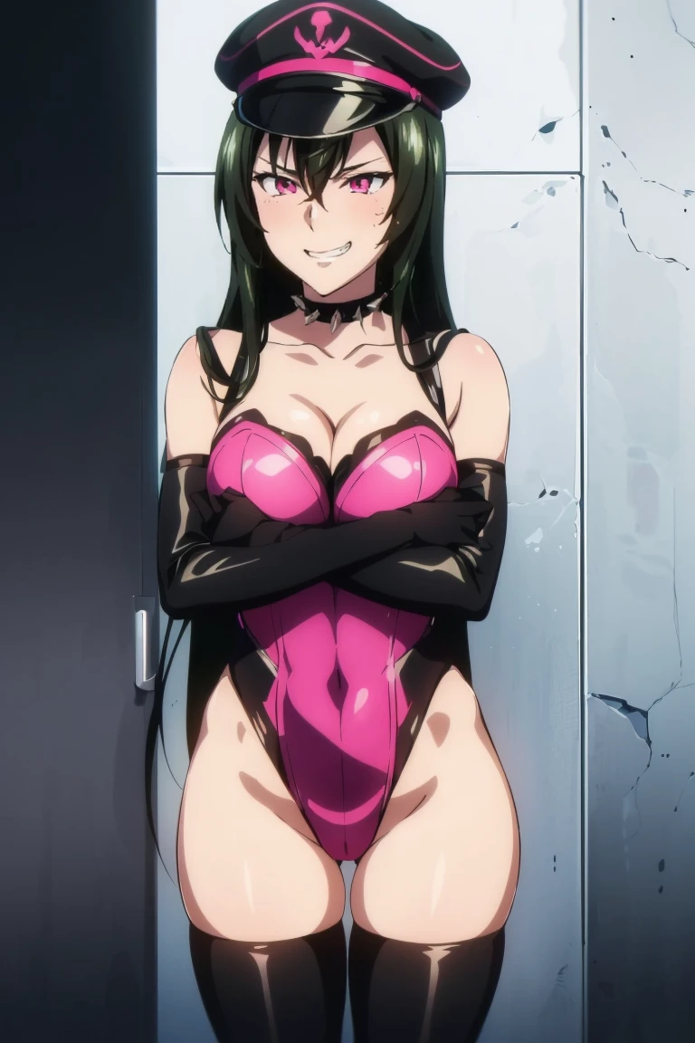 (((grinning lasciviously))), seductive anime girl, (((nefarious smirk))), [[[[grinning evily]]]], beautiful, masterpiece, ultra detailed, extremely detailed, ultra high res, 8k, beautiful detailed face, anime screencap, heart shaped face woman, (black hair:1.2), long hair, hair between eyes, large breasts, fearless face, sharp face, 170cm tall, (((adult))), perfect proportion, (((black high-leg leotard))), (((dare shoulder))), cleavage, (((thigh boots))), (((spiked choker))), (((military cap))), anime style, ultra detailed beautiful face and eyes, front view, raw photo, incredibly absurdres, Beautiful portrait of cute anime girls, super fine illustration, full-hd, hdr, best aesthetic, distinct, exquisite, masterwork, by famous artist, highers, (((perfect anatomy))), mocking, (((rape face))), (((evil grin))), intense eyes, sadistic, gleaming skin, oil skin, slut face, (((full-face blush))), smirking, mischievous grin, furrowed mouth, both legs, pouty lips, downturned corners, rosy hue, grin widely, cheeky smirk, (((bad-tempered glare))), gloating, crazy smile, scary face, cruel smile, fang, connected teeth,, (((elbow gloves))), (((big connected teeth)), glare, grimace, smirk, (((scowling face))), smile broadly, symmetrical eyes, even eyes, perfect eyes, (((squinting eyes))), deep detailed eyes, shiny clothes, 1girl, solo, smug, smile grimly, (((dimpled smile))), (((pink eyes))), (((standing, looking at viewer))), (((laugh))), (((pleasure face))), (((brutality face))), (((scary face))), (((empty eyes))), anime best girl, [[[[grinning evily]]]], anime moe artstyle, collarbone, dare collarbone, fair skin, deep detailed eyes, extremely detailed beautiful face and eyes, perfect teeth, perfect mouth, adult face, clear eyes, perfect face, light eyes, symmetrical eyes, even eyes, ,groin, mole under eye, perfect body, accurate face parts, harness bondage, crossed arms, 

