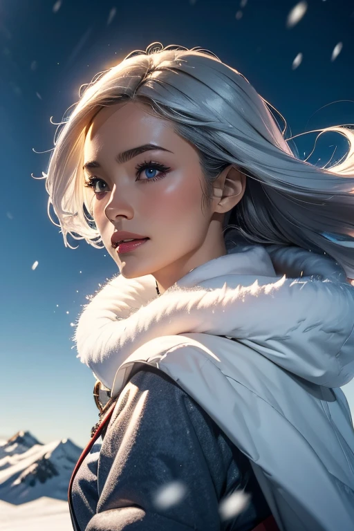 One girl, Summit, Silver hair tousled by the wind, 雪のSummitを映す目, Alpine Costume, Snowstorm all around, With ice crystals, masterpiece, Highest quality, Highlights in ArtStation