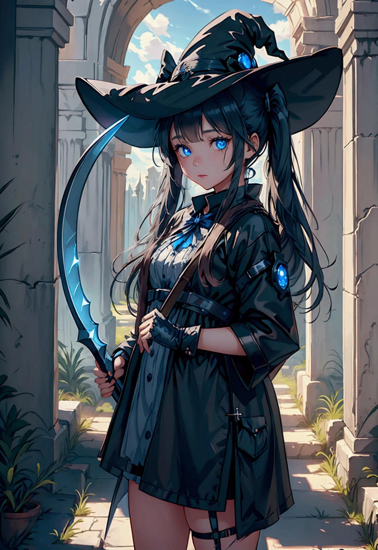 a young girl with twin tails wearing a witch hat, holding a scythe with angel wings, standing in ancient ruins wearing sci-fi clothes, beautiful detailed blue eyes, extremely detailed face and hair, 8k, high resolution, photorealistic, sci-fi fantasy