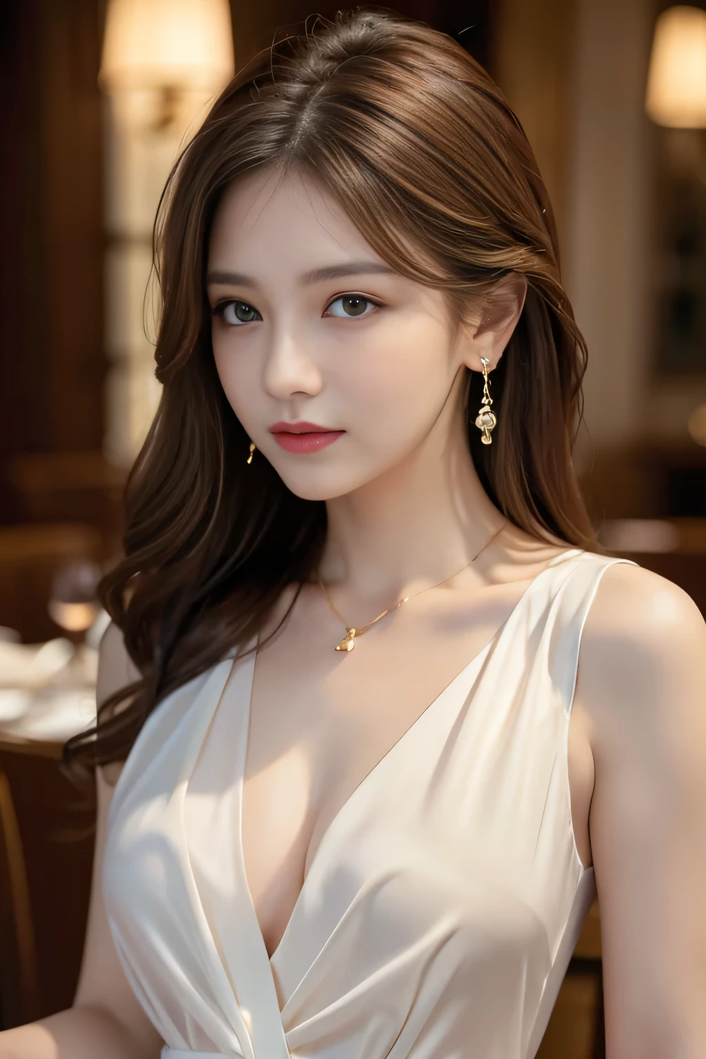 masterpiece, Highest quality, Realistic, Very detailed, Finer details, High resolution, 8k wallpaper, One beautiful woman, Wear an elegant colored silk shirt, In a great restaurant, At night, Light brown messy hair, Perfect dynamic composition, Beautiful and beautiful eyes、Big earrings、chest、Sleeveless shirt、