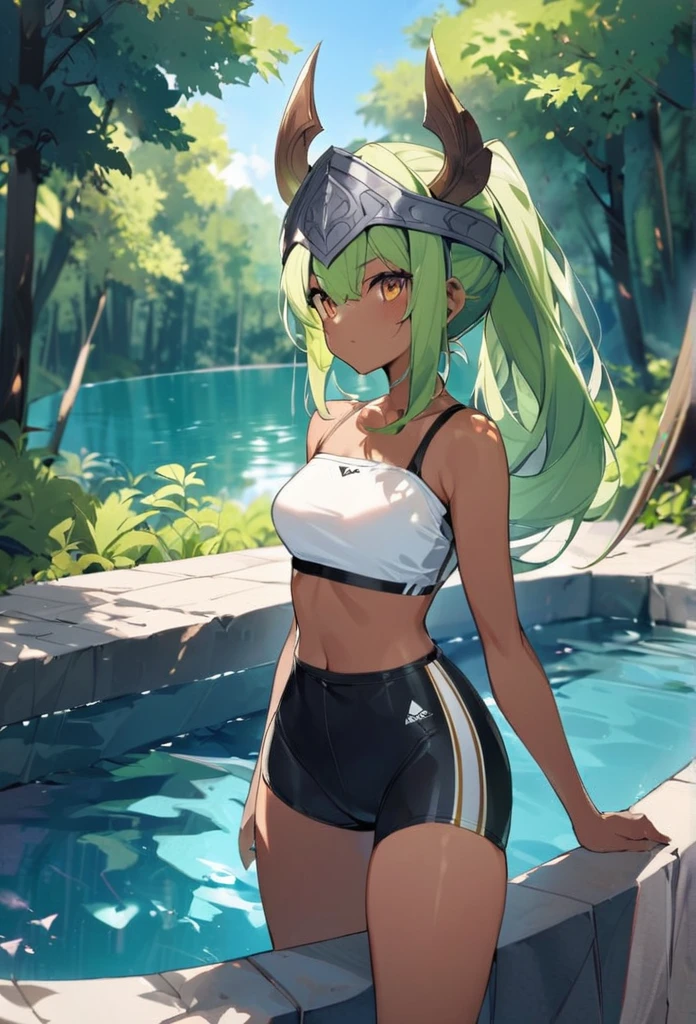 lily_entomach, 1girl, solo,tube top, spandex shorts, viking_helmet, ponytail, green hair, , dark skinned female, outdoors, forest, pool,