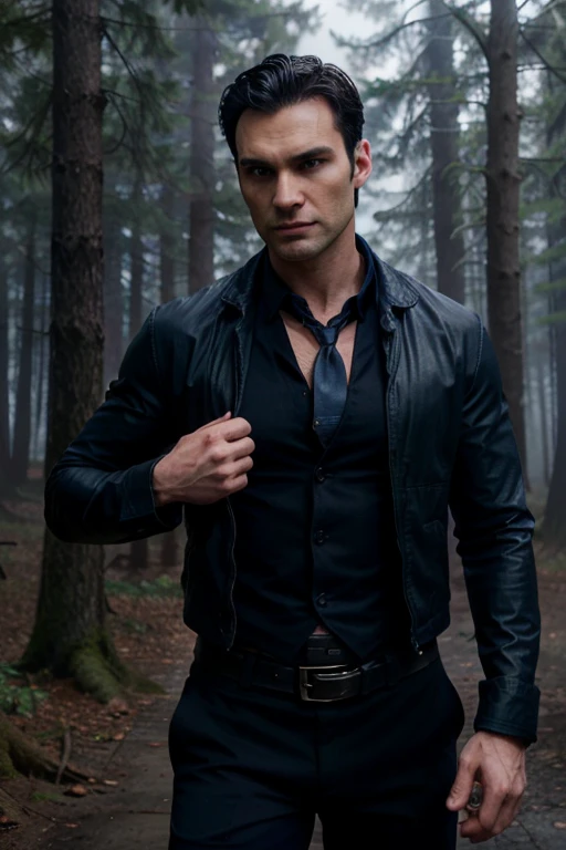 Aidan, Sam Witwer, Wolf, 40 years old, short messy black hair, slim muscular build, blue eyes, black dress jacket, dark blue shirt, navy blue tie, black pants, black belt, black dress shoes, red sword pendant, forest background with fog