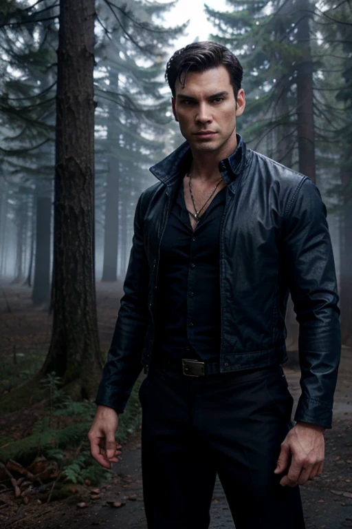Aidan, Sam Witwer, Teen Wolf, 40 years old, short messy black hair, slim muscular build, blue eyes, black dress jacket, dark blue shirt, navy blue tie, black pants, black belt, black dress shoes, red sword pendant, forest background with fog