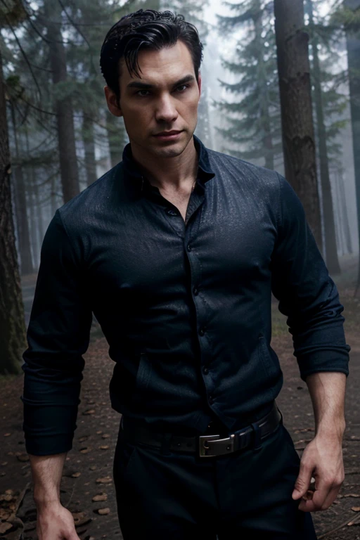 Aidan, Sam Witwer, Teen Wolf, 40 years old, short messy black hair, slim muscular build, blue eyes, black dress jacket, dark blue shirt, navy blue tie, black pants, black belt, black dress shoes, red sword pendant, forest background with fog