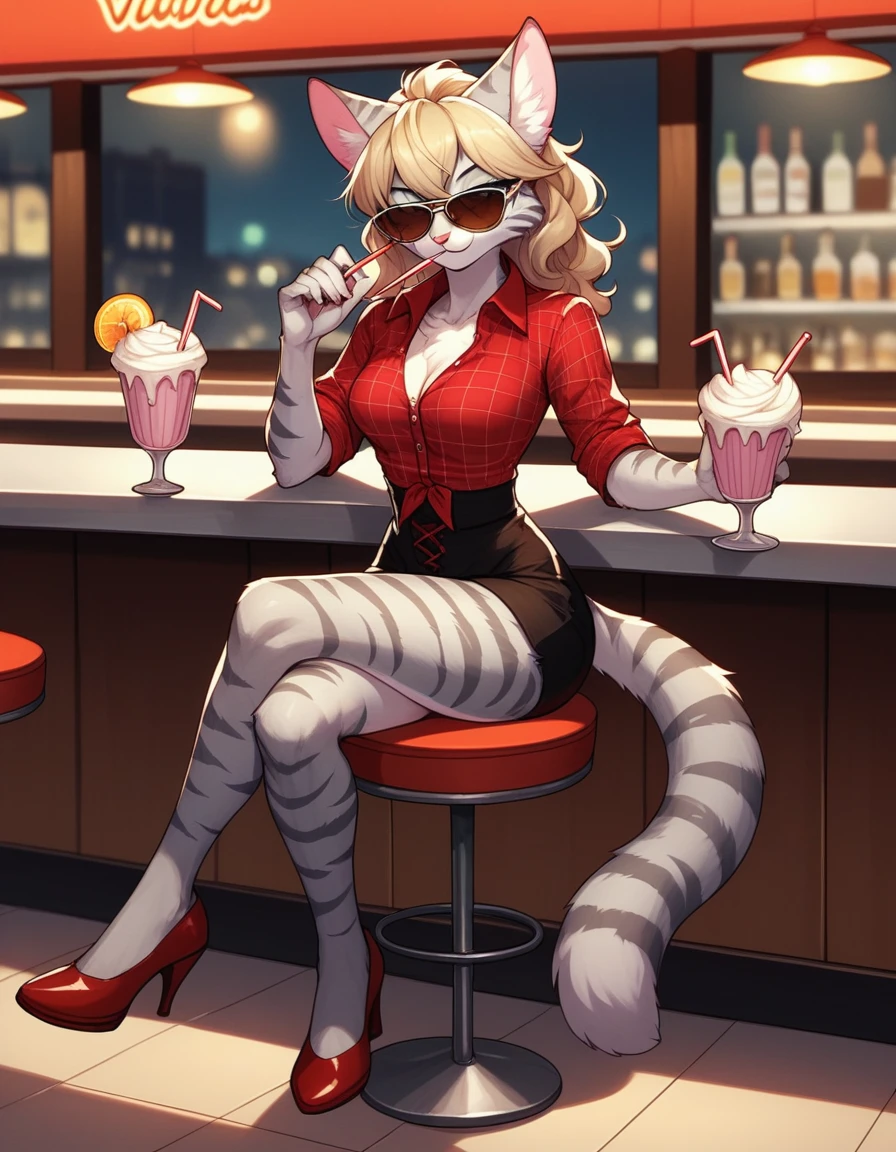 score_9,score_8_up,score_7_up, kemono style, Kat, Anthro furry feline, silver fur, grey stripes on body, aviator sunglasses covering eyes. short wavy blonde hair, red bandana tied to head, pink nose, :3, wearing red plaid tied collared shirt, black waist shorts with buttons, outdoors, in front of a 1940s diner, full body shot, red pumps heels, seductive pose, sitting on a stool, drinking a milkshake, legs crossed, 