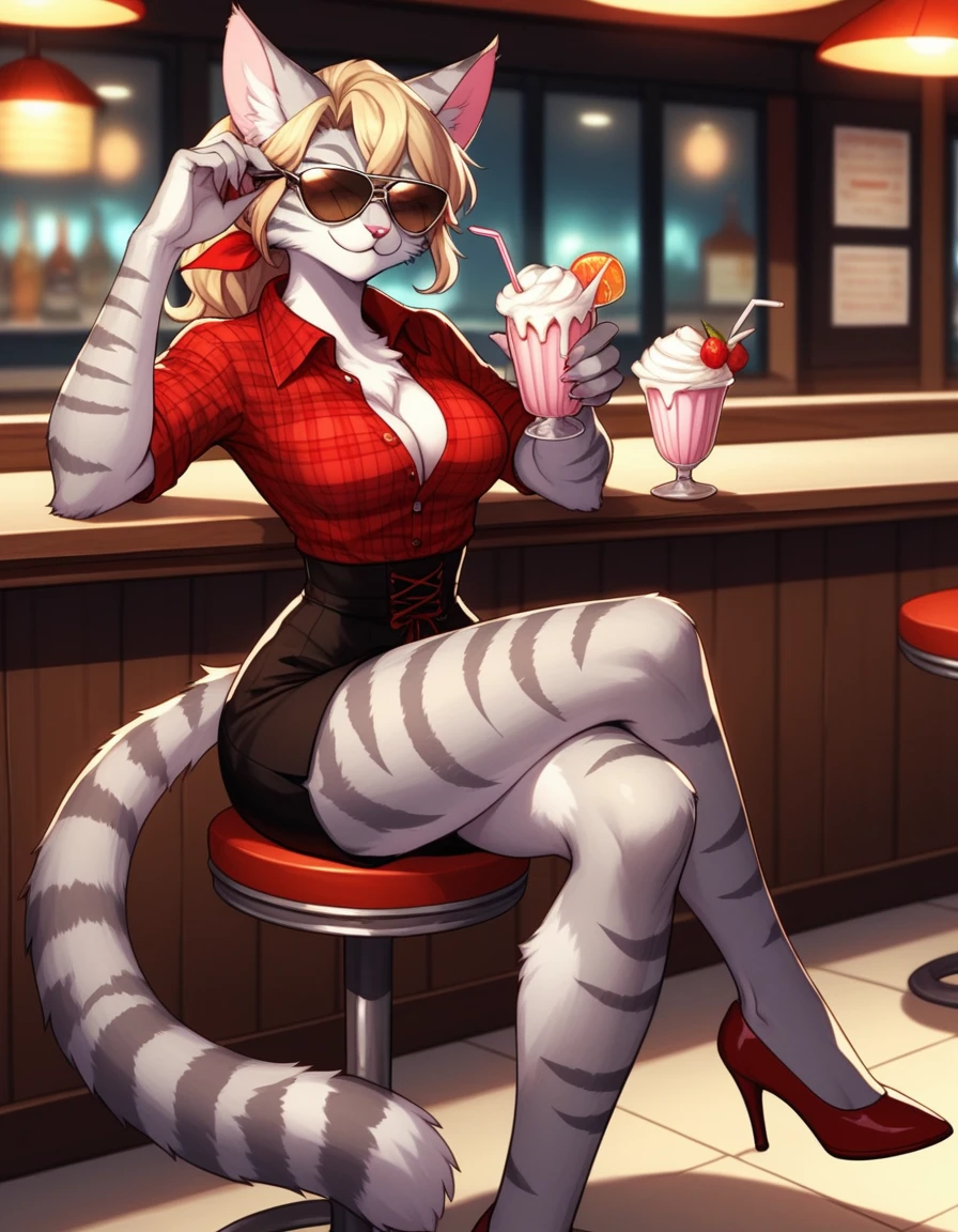 score_9,score_8_up,score_7_up, kemono style, Kat, Anthro furry feline, silver fur, grey stripes on body, aviator sunglasses covering eyes. short wavy blonde hair, red bandana tied to head, pink nose, :3, wearing red plaid tied collared shirt, black waist shorts with buttons, outdoors, in front of a 1940s diner, full body shot, red pumps heels, seductive pose, sitting on a stool, drinking a milkshake, legs crossed, 