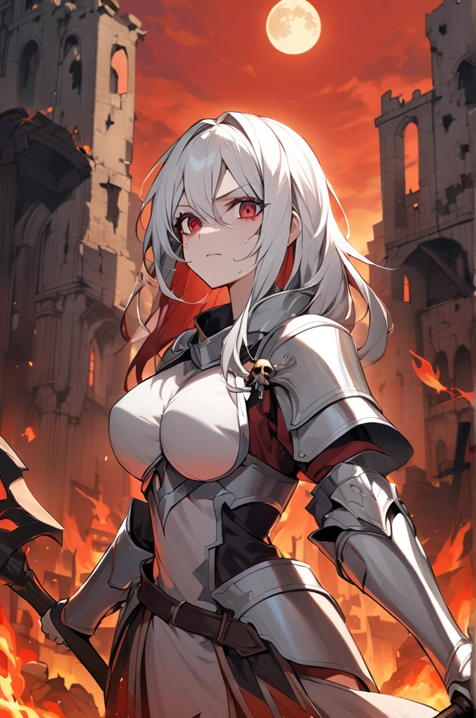 Pale woman, red eyes with blood red tears, long white hair, large breasts, dressed in mediavau armor without helmet, with a templar tunic above the armor,Holding a scythe with a bone handle and a skull behind the blade, background of medieval city in ruins and in flames , red sky with full moon 