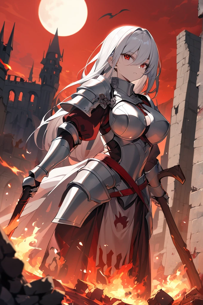 Pale woman, red eyes with blood red tears, long white hair, , dressed in mediavau armor without helmet, with a templar tunic above the armor,Holding a scythe with a bone handle and a skull behind the blade, background of medieval city in ruins and in flames , red sky with full moon 