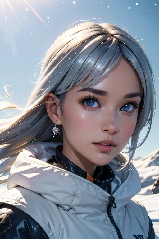 One girl, Summit, Silver hair tousled by the wind, 雪のSummitを映す目, Alpine Costume, Snowstorm all around, With ice crystals, masterpiece, Highest quality, Highlights in ArtStation