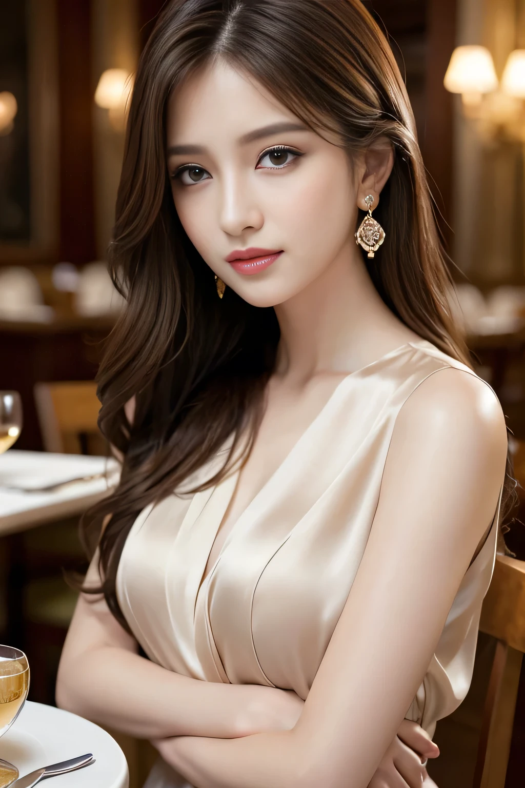 masterpiece, Highest quality, Realistic, Very detailed, Finer details, High resolution, 8k wallpaper, One beautiful woman, Wear an elegant colored silk shirt, In a great restaurant, At night, Light brown messy hair, Perfect dynamic composition, Beautiful and beautiful eyes、Big earrings、chest、Sleeveless shirt、