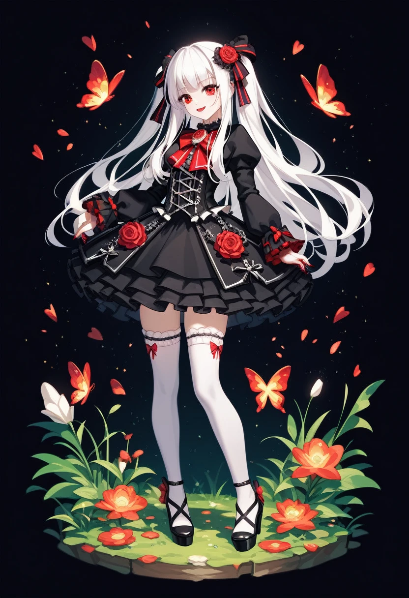 masterpiece, top-quality, ​masterpiece, top-quality,ighly detailed,{top-quality}, {{​masterpiece}}, {hight resolution},original, {extremely delicate and beautiful},​masterpiece, top-quality,ighly detailed,{top-quality},white hair, gothic lolita, full body, standing, white thighhighs, short dress, black dress,