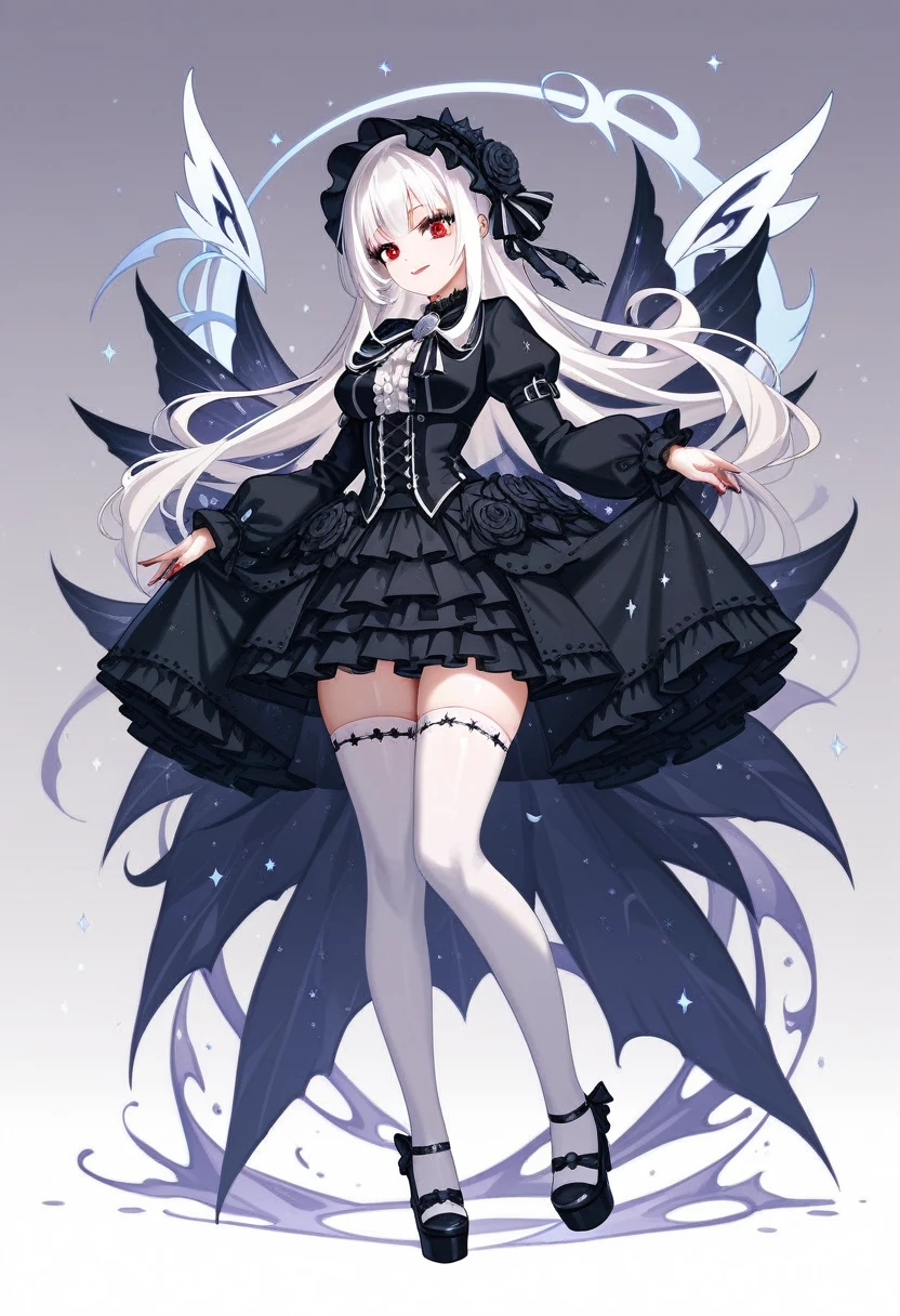masterpiece, top-quality, masterpiece, top-quality,ighly detailed,{top-quality}, {{masterpiece}}, {hight resolution},original, {extremely delicate and beautiful},masterpiece, top-quality,ighly detailed,{top-quality},white hair, gothic lolita, full body, standing, white thighhighs, short dress, black dress,