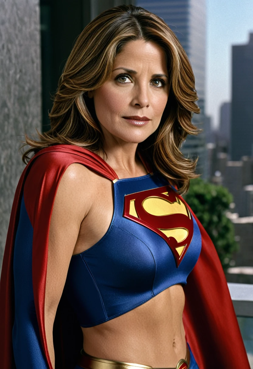 Supergirl  Lorraine Bracco 2007; HD. Photograph, ((realism)), extremely high quality RAW photograph, ultra detailed photograph, sharp focus, high resolution, (detailed skin:1,3),high quality, film grain, Fujifilm XT3,Highly Detailed, movie, (Cinematic Photo:1.3) of (Realistic:1.3)