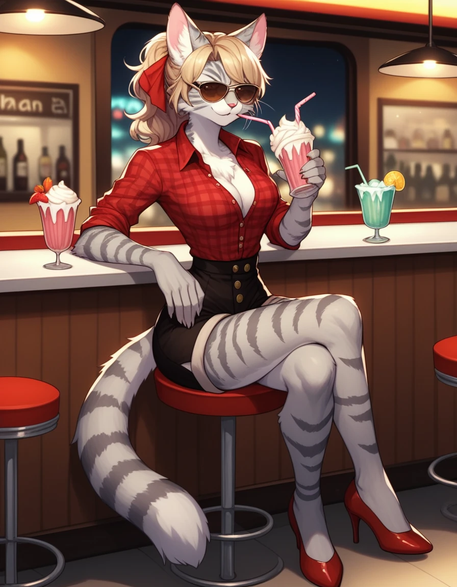 score_9,score_8_up,score_7_up, kemono style, Kat, Anthro furry feline, silver fur, grey stripes on body, aviator sunglasses covering eyes. short wavy blonde hair, red bandana tied to head, pink nose, :3, wearing red plaid tied collared shirt, black waist shorts with buttons, outdoors, in front of a 1940s diner, full body shot, red pumps heels, seductive pose, sitting on a stool, drinking a milkshake, legs crossed,