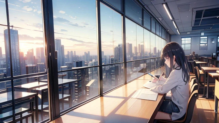 Looking out the window at the cityscape、On the table in the coffee shop where I study、Notebooks and pens、It&#39;s dimly lit outside where coffee etc. are placed.、
The whole room、A person reading or studying in a room illuminated with subdued lighting