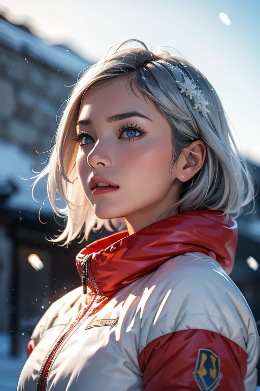 One girl, Summit, Silver hair tousled by the wind, 雪のSummitを映す目, Alpine Costume, Snowstorm all around, With ice crystals, masterpiece, Highest quality, Highlights in ArtStation