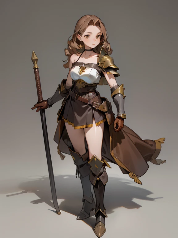 ((1 masterpiece, high resolution, best quality, 4k quality)), beautiful imagen, 1 girl, solo, adventurers, medium breasts, golden almond eyes, long brown hair, drill hair, hip bones, collarbone, skirt, school skirt, blouse, school blouse, ((leather armor)), leather gloves, asymmetrical gloves, leather boots, asymmetrical footwear, heeled boots, shoulder armor, ((single shoulder)), leather corsette, chest harness, open legs, full body, standing, pride pose, simple background, gray background,
