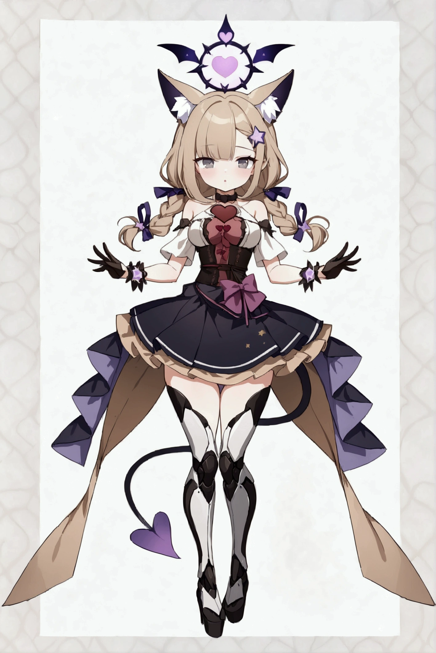 woman 170 cm tall, medium chest, wide hip, slim build, charming look, ((whole body)), (((character design sheet: front view))), (dark blonde hair, ((hip length wavy hair, asymmetrical bangs, star hairpin)), (She has a short braid tied with an elegant purple ribbon on the left side of her hair above her chest), (She has a short braid tied with an elegant purple ribbon on the right side of her hair above her chest), She has small hair bows in the back of her hair), ((Gray eyes with a pink 4-pointed star in the pupil)), (Two black and purple fox ears located on the top of the head), (Luminous black horizontal halo with purple star patterns above head), He has a black collar with a heart emblem on his neck., (Elegant long one piece dress, Thigh-length lace and ruffle skirt, large bow at the back of the hip, ribbon decorations and star patterns on the dress), black ruffled gloves, Black platform heels, gray belt at the waist with a large ribbon with a luminous pink heart in the middle, ((It has a succubus tail that ends in the shape of a heart)), (((It has complex mechanical legs that reach up to the thighs and are black with small purple and red details.))), extremely detailed beautiful hair, beautiful detailed dress, extremely detailed arms, extremely detailed face, Extremely detailed hands, small face, Beautiful detailed eyes, beautiful detailed lips, adorable, extremely detailed legs, (Best Quality, 4k, high resolution), ultra detailed, Exquisite and epic character art, ((White background)), (Focus on symmetry).