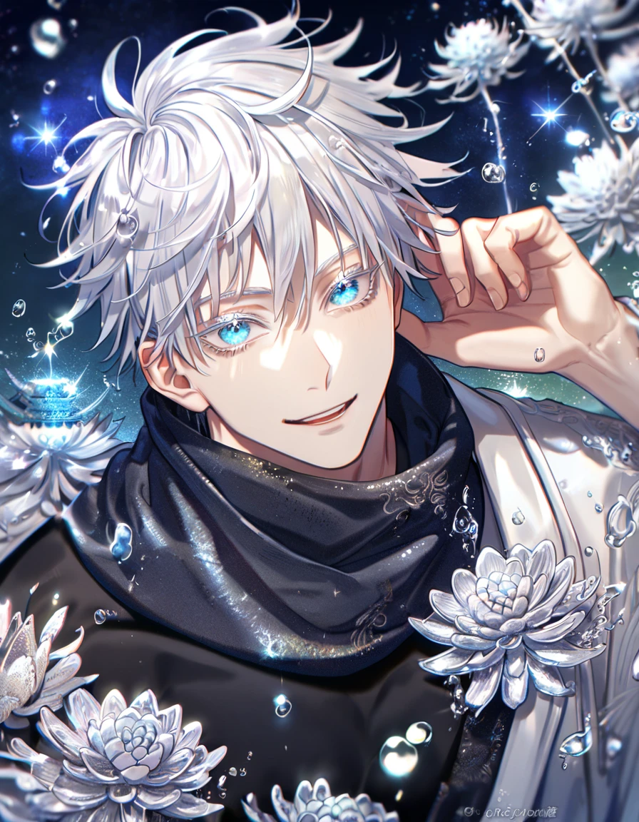 absurdres, highres, ultra detailed, HDR, master piece, best quality, extremely detailed, Gojou Satoru, white hair, expressive blue eyes, white eyelashes, Jujutsu Kaisen, solo, sexy man, handsome, smile, white haori, black scarf, black tight T-shirt, fantasy, water, sparkling, silver glittering fireflies, silver moon, silver blossoms, silver chrysanthemums, silver sparkling lights, starry sky, magical