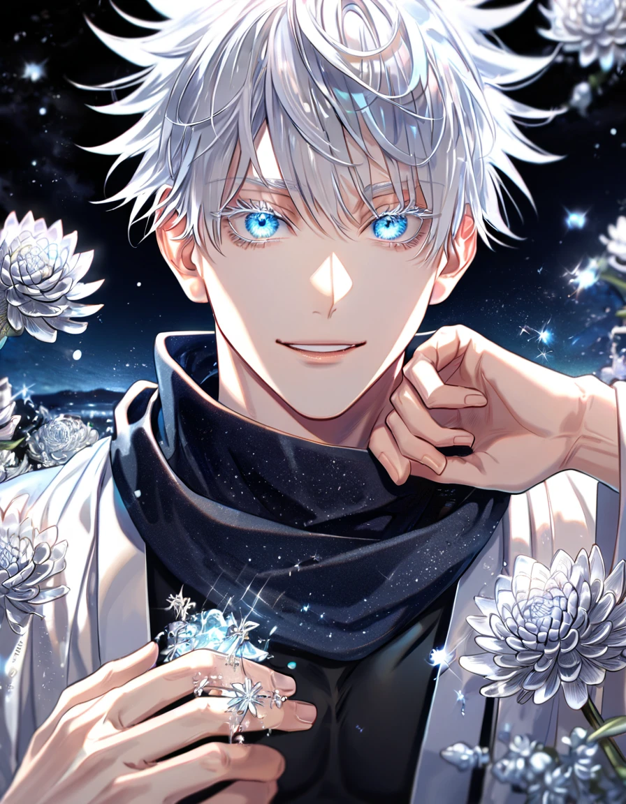 absurdres, highres, ultra detailed, HDR, master piece, best quality, extremely detailed, Gojou Satoru, white hair, expressive blue eyes, white eyelashes, Jujutsu Kaisen, solo, sexy man, handsome, smile, white haori, black scarf, black tight T-shirt, fantasy, water, sparkling, silver glittering fireflies, silver moon, silver blossoms, silver chrysanthemums, silver sparkling lights, starry sky, magical