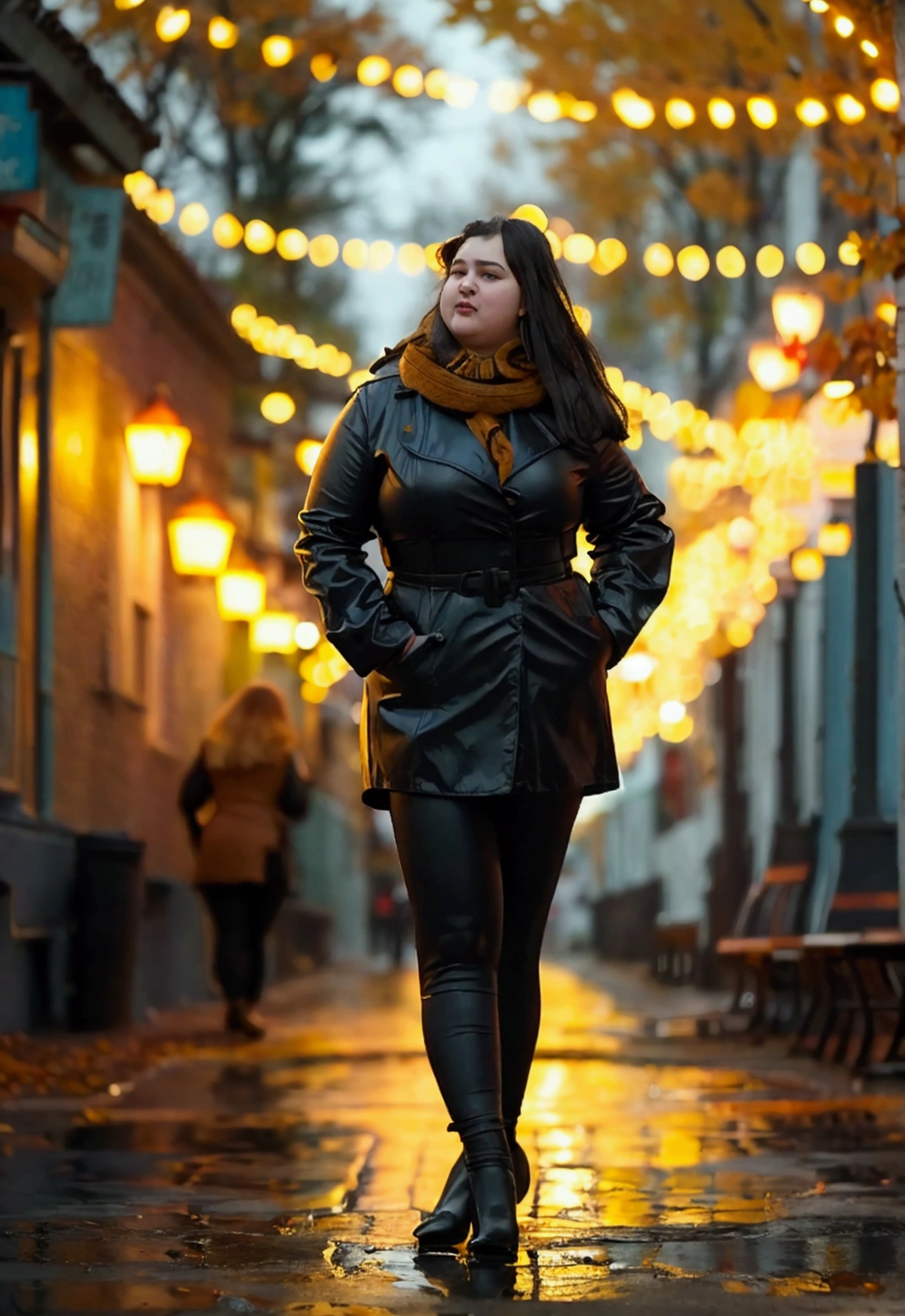 A very drunk fat Russian girl stands in autumn clothes on an evening alley in wet pants with her feet on a wet part of the asphalt