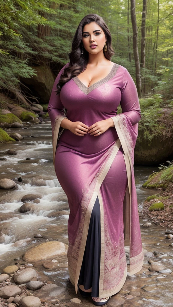 a hyper-realistic full body view photo of a young curvy plus size beautiful indian woman wearing Subtle Jacquard Dupatta with Kurta Ensemble standing in Crystal Creek Crossing, m-cup breasts, curvy plus size hourglass body, 22 years old, realistic, sexy,short brown hair, curved, masterpiece