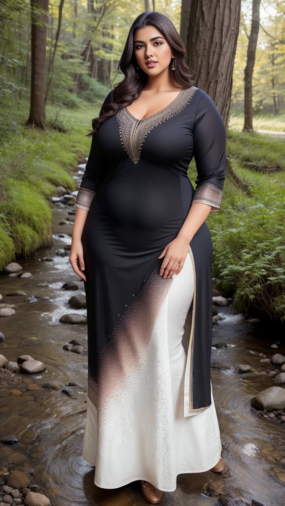 a hyper-realistic full body view photo of a young curvy plus size beautiful indian woman wearing Subtle Jacquard Dupatta with Kurta Ensemble standing in Crystal Creek Crossing, m-cup breasts, curvy plus size hourglass body, 22 years old, realistic, sexy,short brown hair, curved, masterpiece