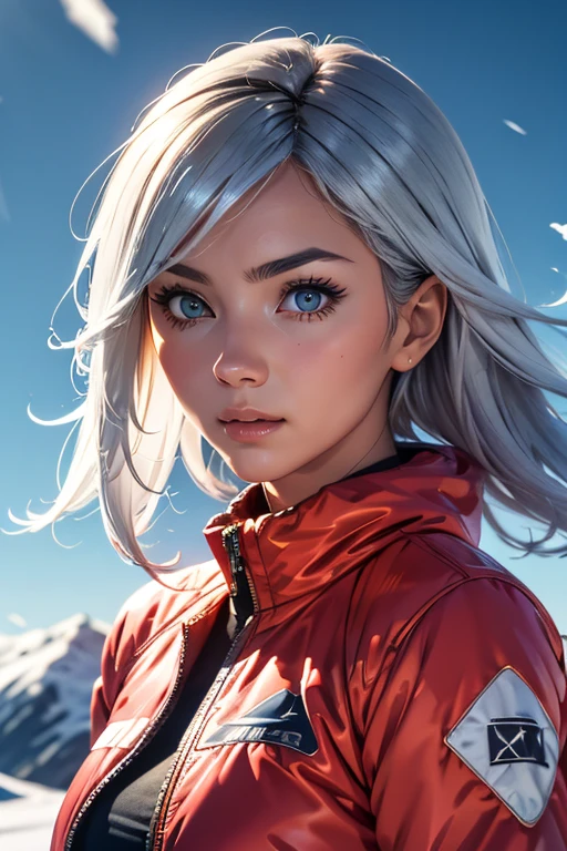 One girl, Summit, Silver hair tousled by the wind, 雪のSummitを映す目, Alpine Costume, Snowstorm all around, With ice crystals, masterpiece, Highest quality, Highlights in ArtStation