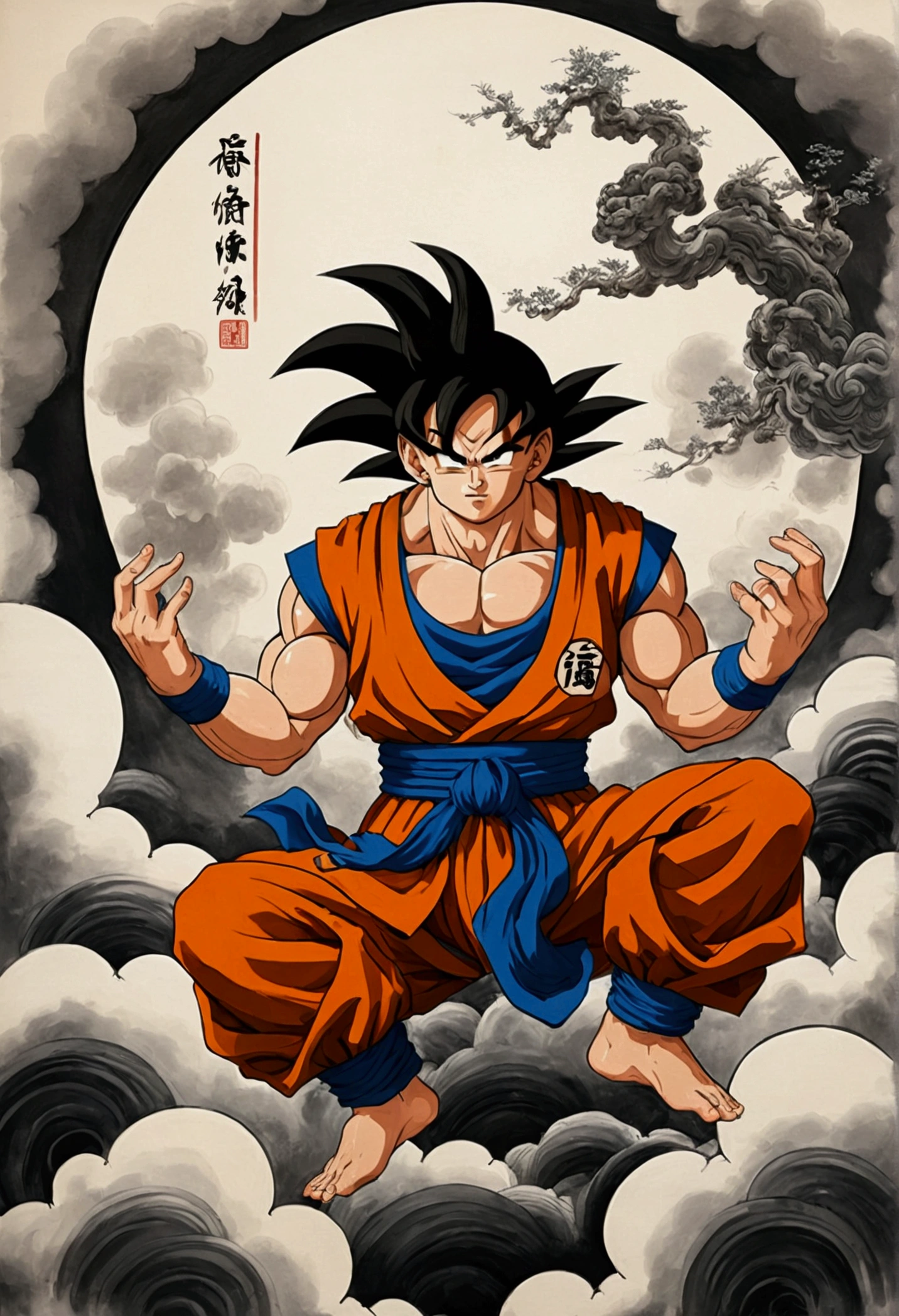 (masterpiece, best quality: 1.2), traditional Chinese ink painting, goku as god of destruction, regal , sitting on clouds