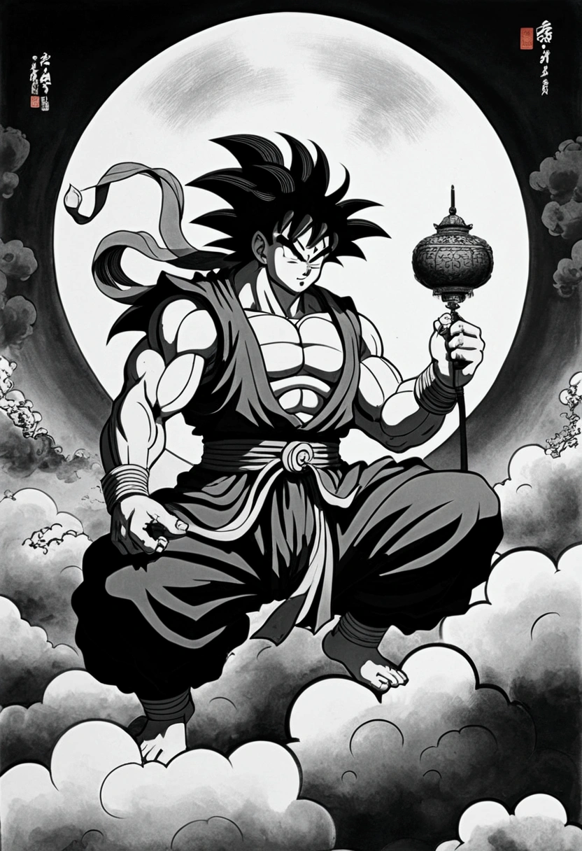 (masterpiece, best quality: 1.2), traditional Chinese ink painting , goku with long hair , wearing god of destruction clothes , sitting on throne