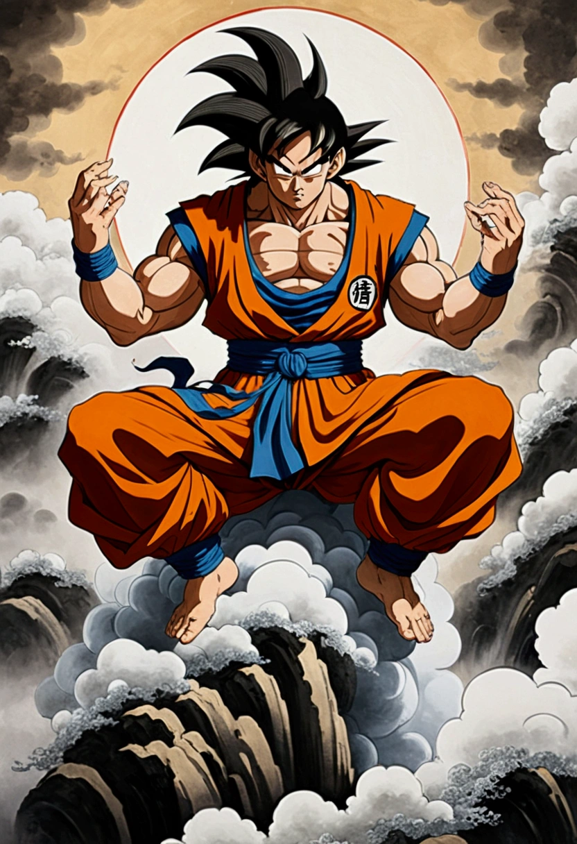 (masterpiece, best quality: 1.2), traditional Chinese ink painting, goku as god of destruction, regal , sitting on clouds