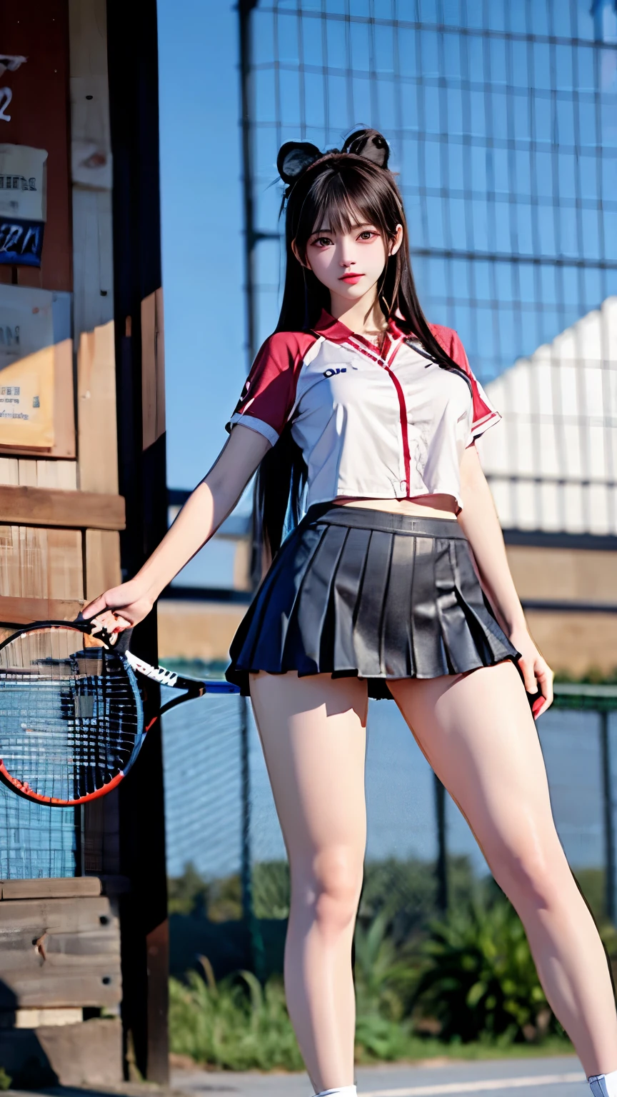 （Very delicate and beautiful：1.2）super model,,Big Breasts,Beautiful breasts,voluptuous,【bike shorts】,,【3girls】,,Highest quality, High resolution, 8K,Kick in a hurry,Tennis Wear.mini skirt