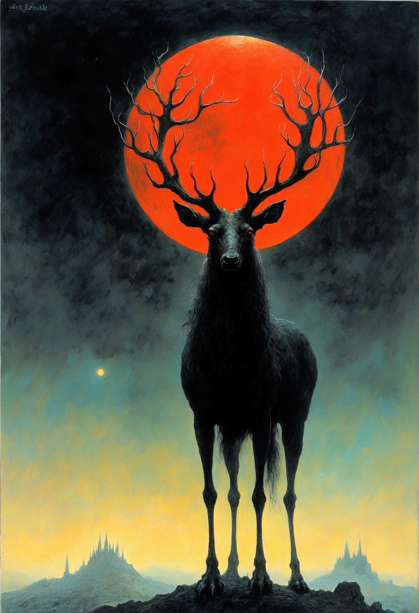 Mythical black reindeer, author：Zdzislaw Beksiński、Big eyes、Red Moon
