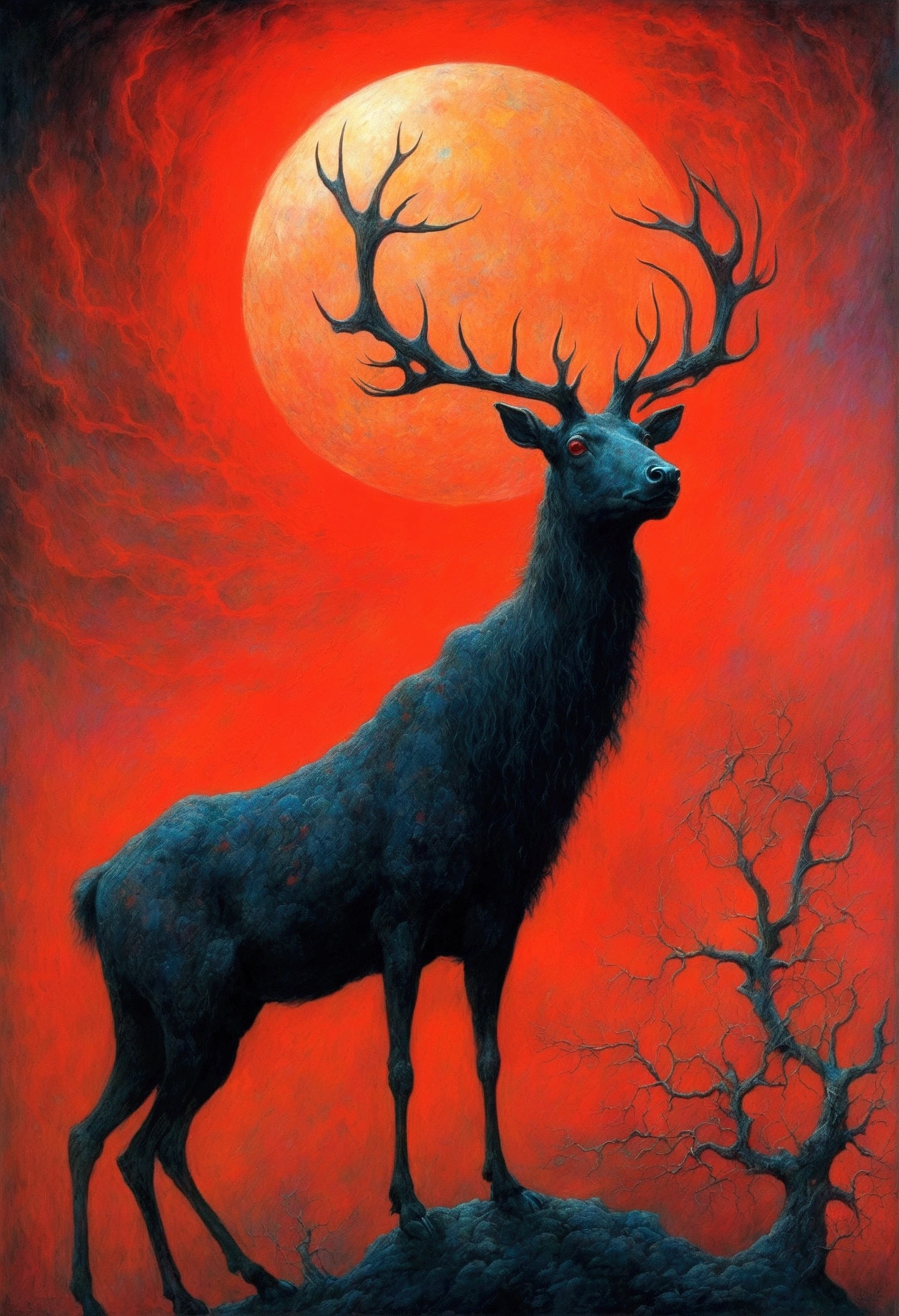 Mythical black reindeer, author:Zdzislaw Beksiński、Big eyes、Red Moon