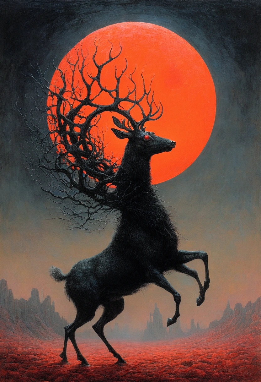 Mythical black reindeer, author：Zdzislaw Beksiński、Big eyes、Red Moon