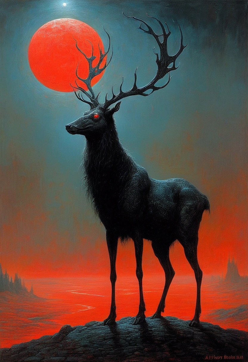 Mythical black reindeer, author:Zdzislaw Beksiński、Big eyes、Red Moon